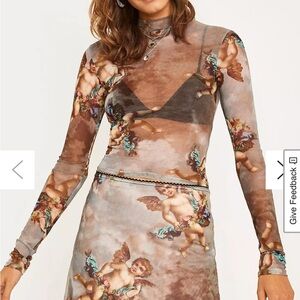 Urban Outfitters Mesh Cherub Print Long Sleeve Top and Skirt